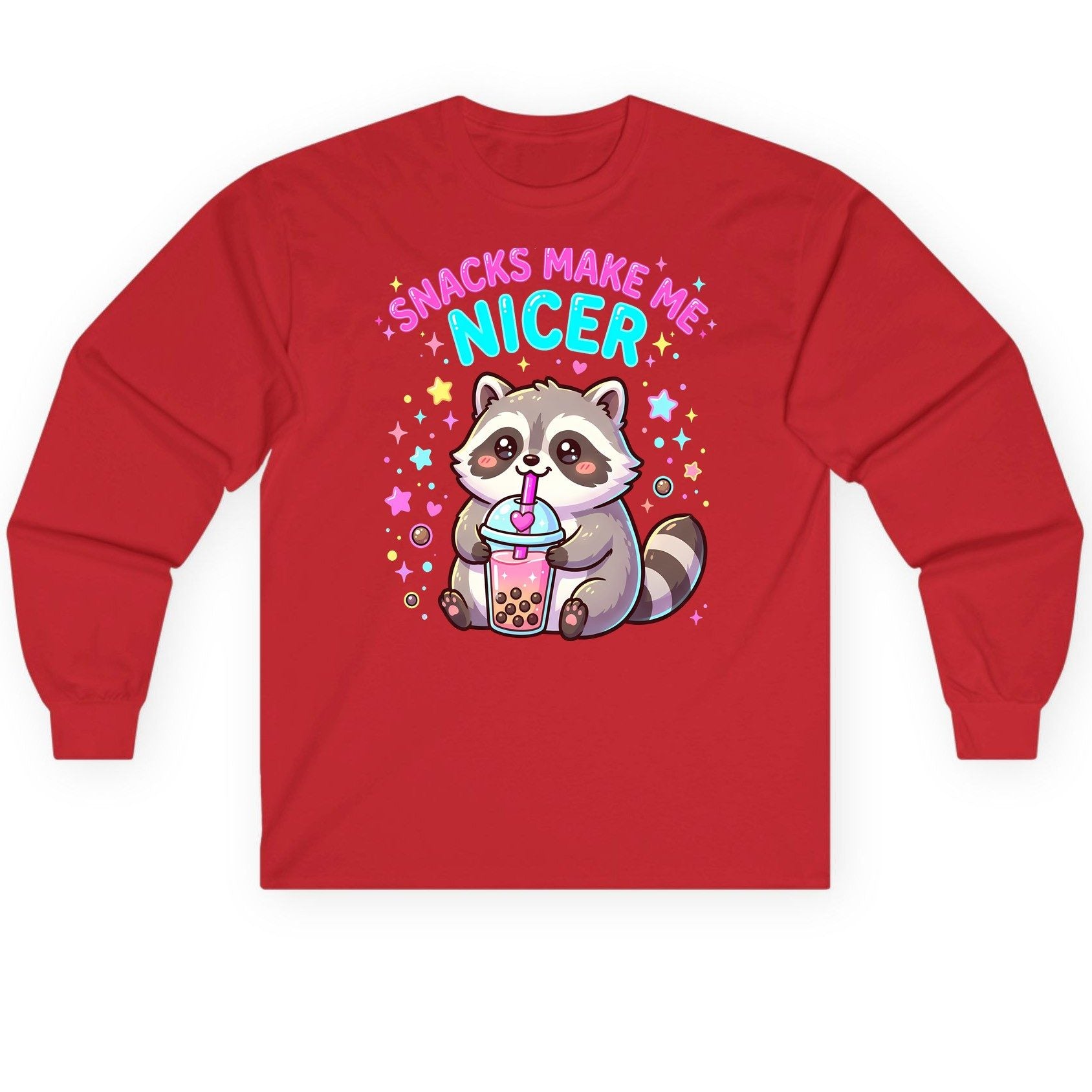 SNACKS MAKE ME NICER Funny Raccoon Long Sleeve Tee - product mockup - Red