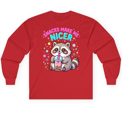 SNACKS MAKE ME NICER Funny Raccoon Long Sleeve Tee - product mockup - Red