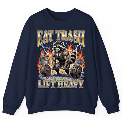 Eat Trash Lift Heavy weightlifting raccoon Sweatshirt Navy product mockup