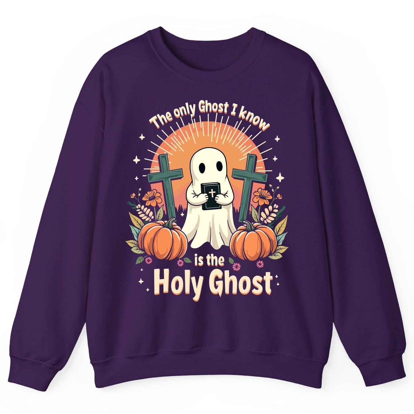 The Only Ghost I Know Is the Holy Ghost christian Halloween Sweatshirt Purple product mockup