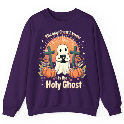The Only Ghost I Know Is the Holy Ghost christian Halloween Sweatshirt Purple product mockup
