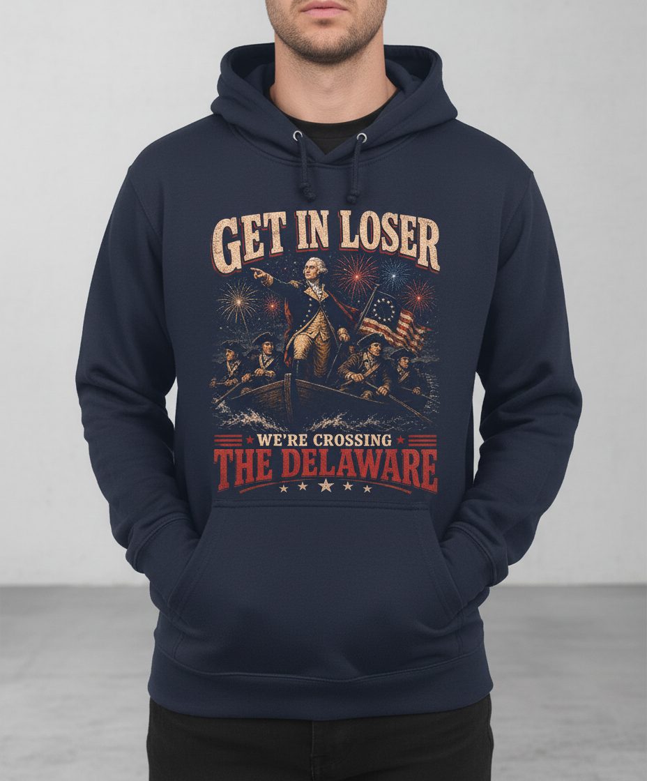 GET IN LOSER WE'RE Crossing THE Delaware Hoodie - product mockup - Navy