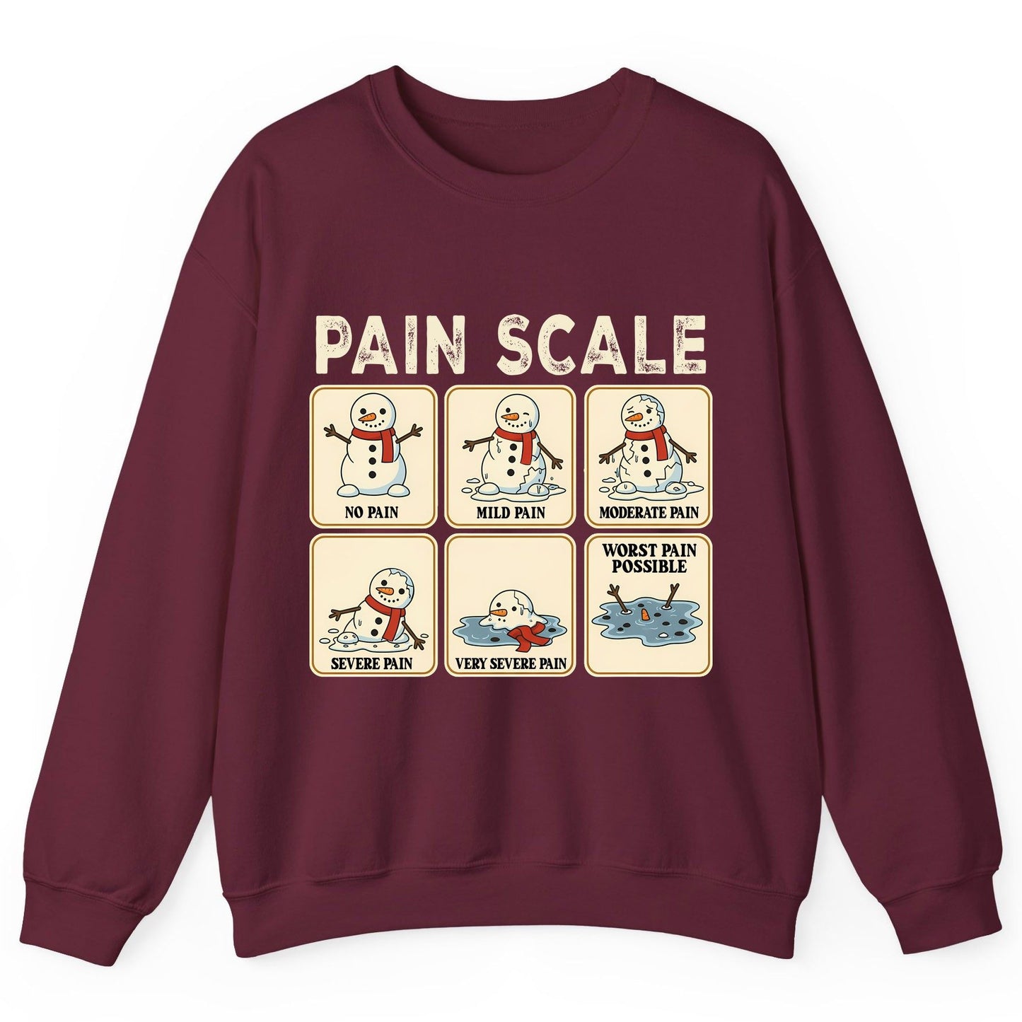 Pain Scale No Pain Mild Pain Moderate Pain Severe Pain Very Severe Pain Worst Pain Possible snowman Sweatshirt Maroon product