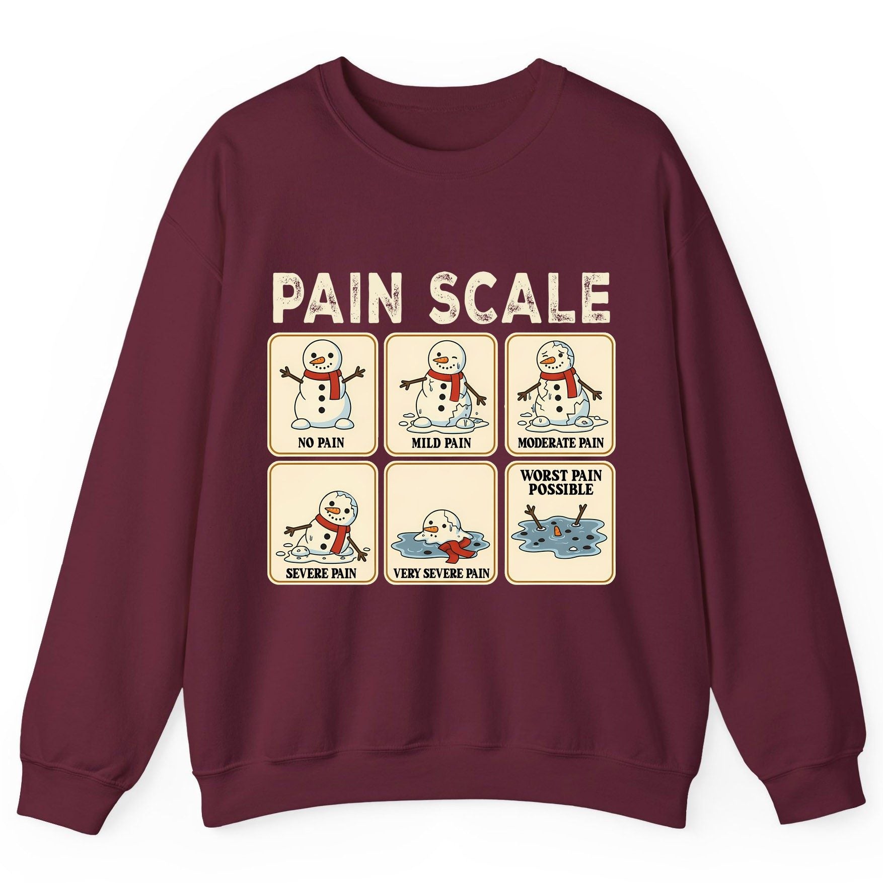 Pain Scale No Pain Mild Pain Moderate Pain Severe Pain Very Severe Pain Worst Pain Possible snowman Sweatshirt Maroon product