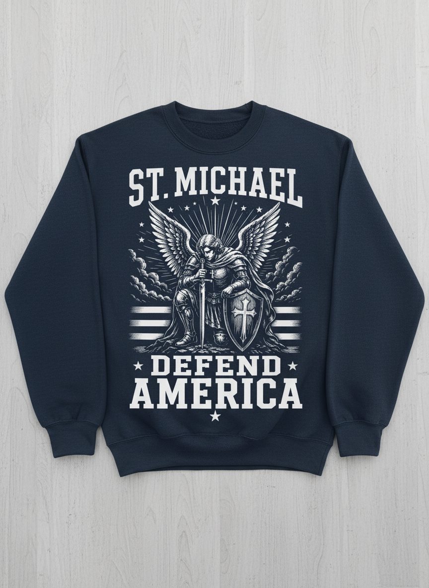 St Michael Defend America Patriotic Christian Sweatshirt - product mockup - Navy