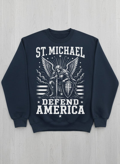 St Michael Defend America Patriotic Christian Sweatshirt - product mockup - Navy
