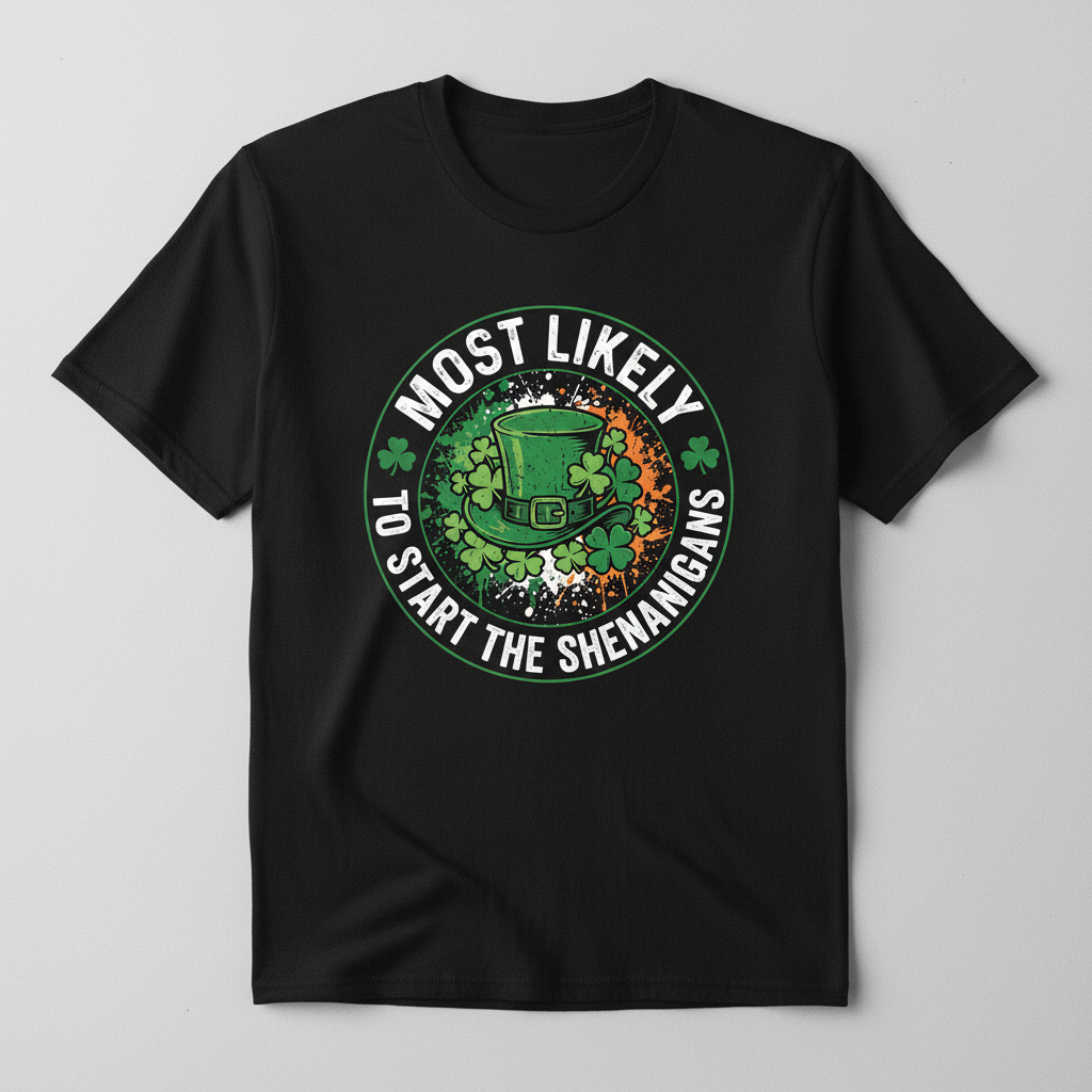 Most Likely To Start The Shenanigans St. Patrick's Day Design T-Shirt - Black