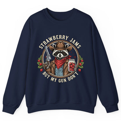 Strawberry Jams but My Gun Don't cowboy raccoon Sweatshirt Navy product mockup