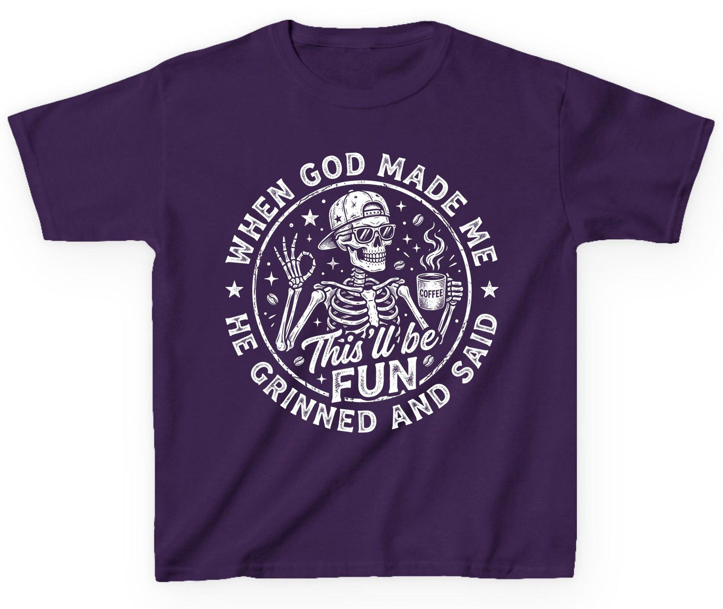 When God Made Me He Grinned and Said This'll Be FUN Youth T-Shirt - product mockup - Purple