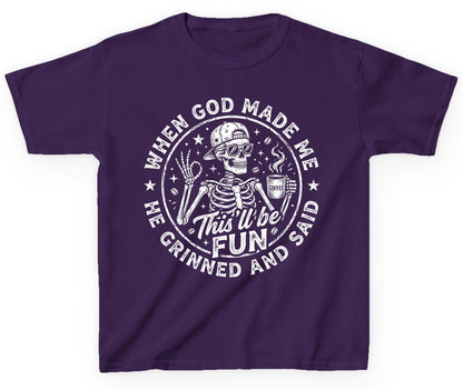 When God Made Me He Grinned and Said This'll Be FUN Youth T-Shirt - product mockup - Purple