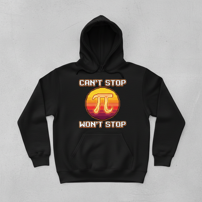 Can't Stop Won't Stop Pi Symbol Retro 8-Bit Math Pun Hoodie - Black