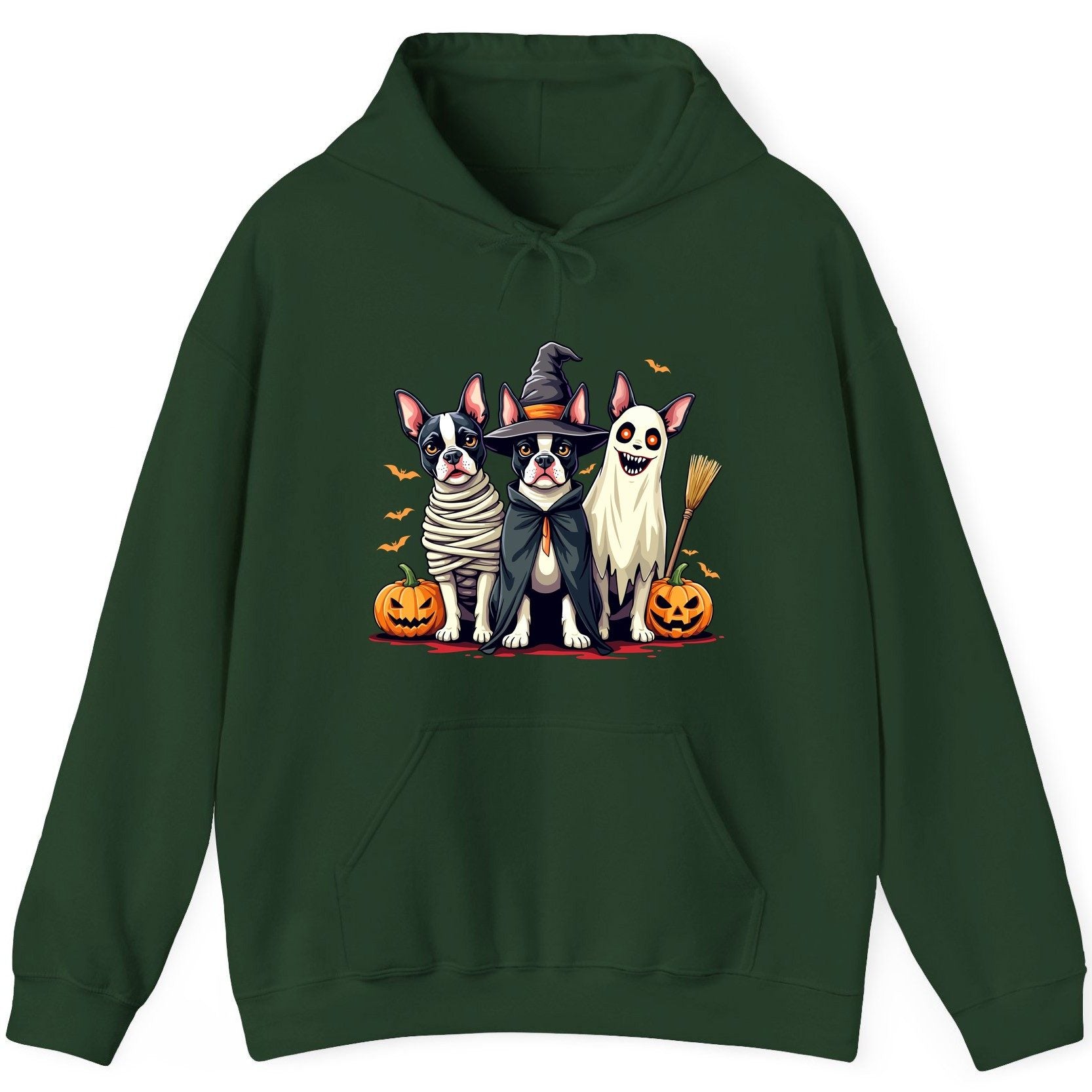 Halloween Boston Terrier Trio boston terrier Hoodie Forest Green product mockup
