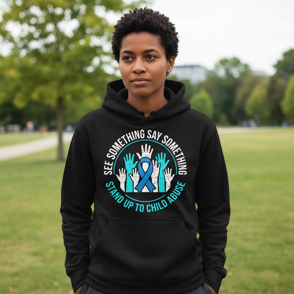 See Something Say Something Stand Up to Child Abuse Awareness Hoodie - lifestyle model mockup - Black