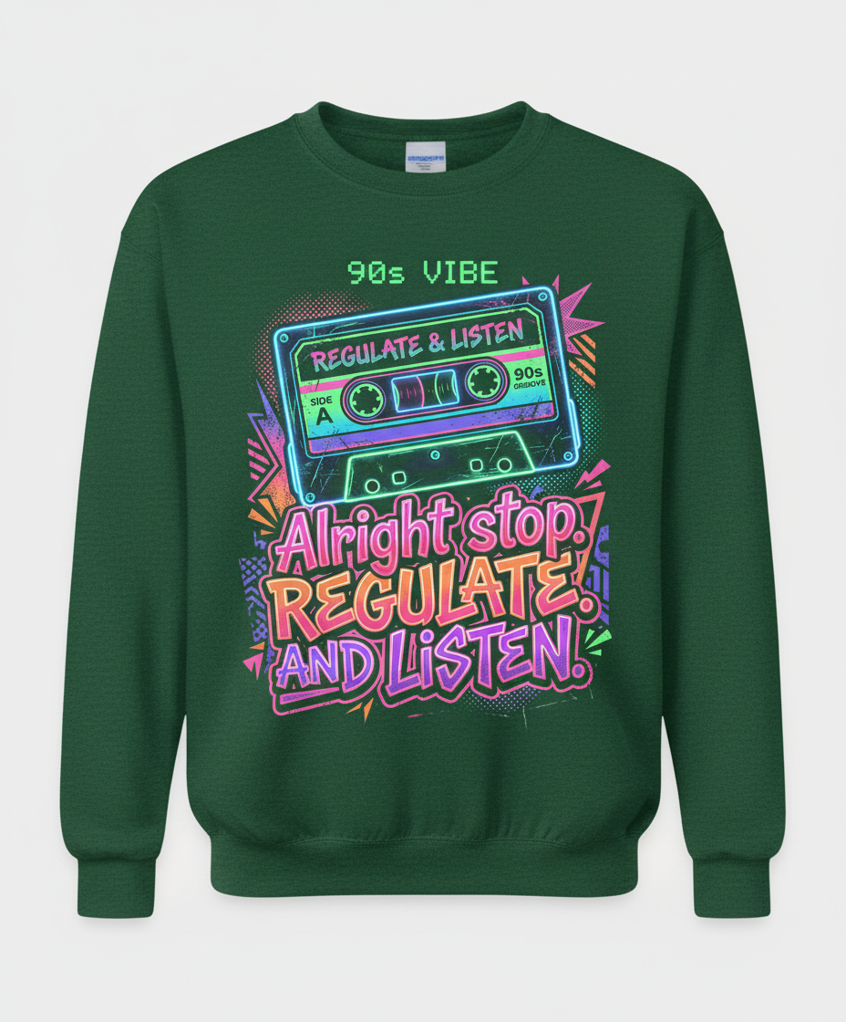 90s Vibe Cassette Tape Regulate and Listen Retro Design Sweatshirt - Forest Green