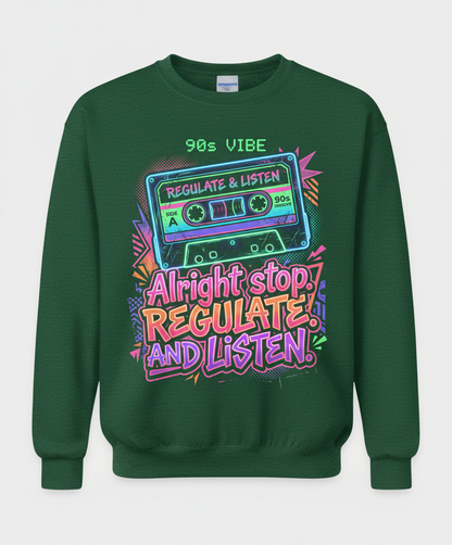 90s Vibe Cassette Tape Regulate and Listen Retro Design Sweatshirt - Forest Green