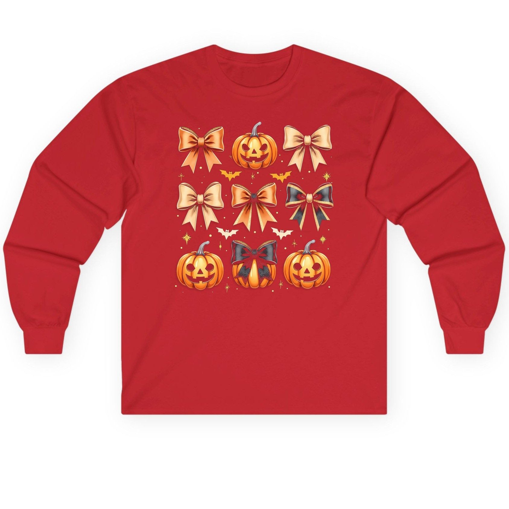 Cute Halloween Pumpkins and Bows Halloween Long Sleeve Tee Red product mockup