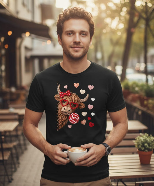 Crochet Valentine's Highland Cow highland cow T-Shirt Black lifestyle mockup