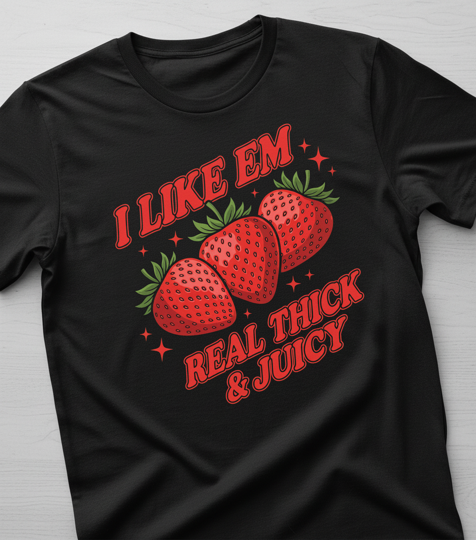 I Like Em Real Thick & Juicy Strawberries Funny Retro Design T-Shirt - Black
