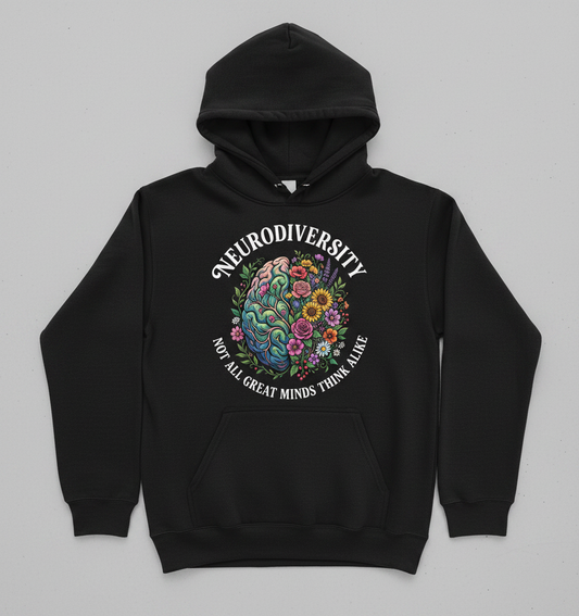 Neurodiversity Floral Brain 'Not All Great Minds Think Alike' Hoodie - Black