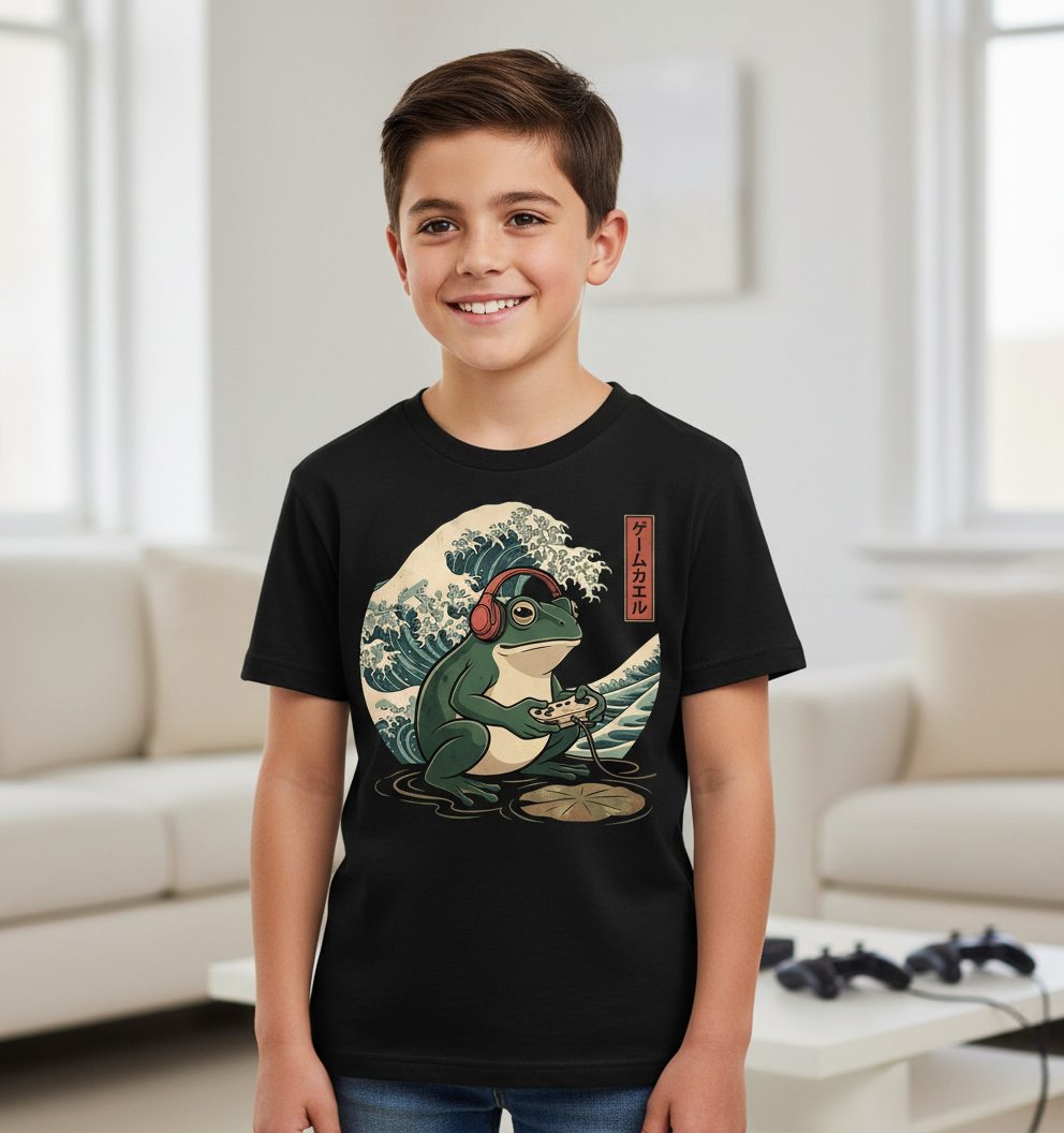 ゲームカエル gamer frog Youth T-Shirt Black lifestyle mockup