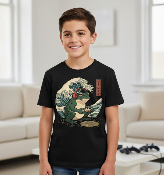 ゲームカエル gamer frog Youth T-Shirt Black lifestyle mockup