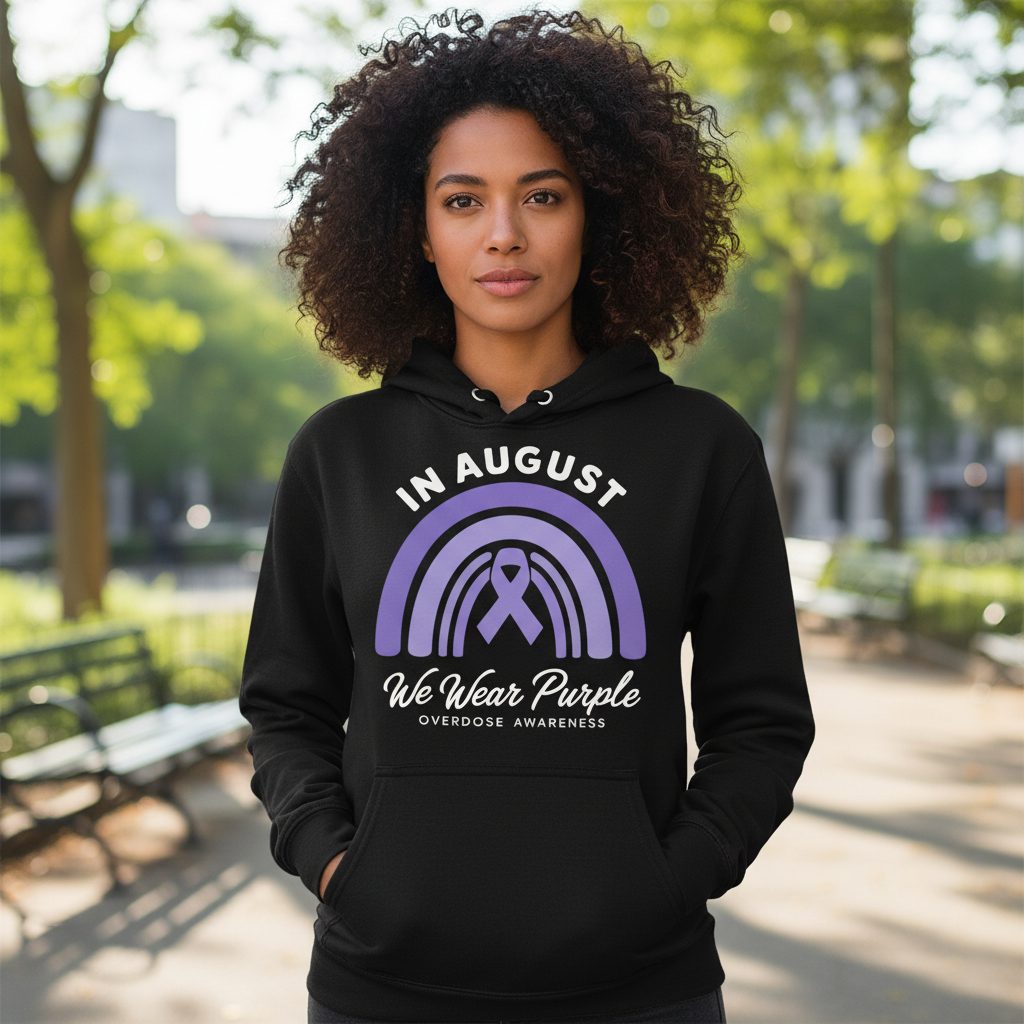 In August We Wear Purple Overdose Awareness overdose awareness Hoodie Black lifestyle mockup