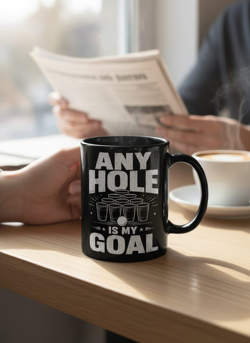 Any Hole Is My Goal Funny Beer Pong Black Mug - lifestyle model mockup - Black