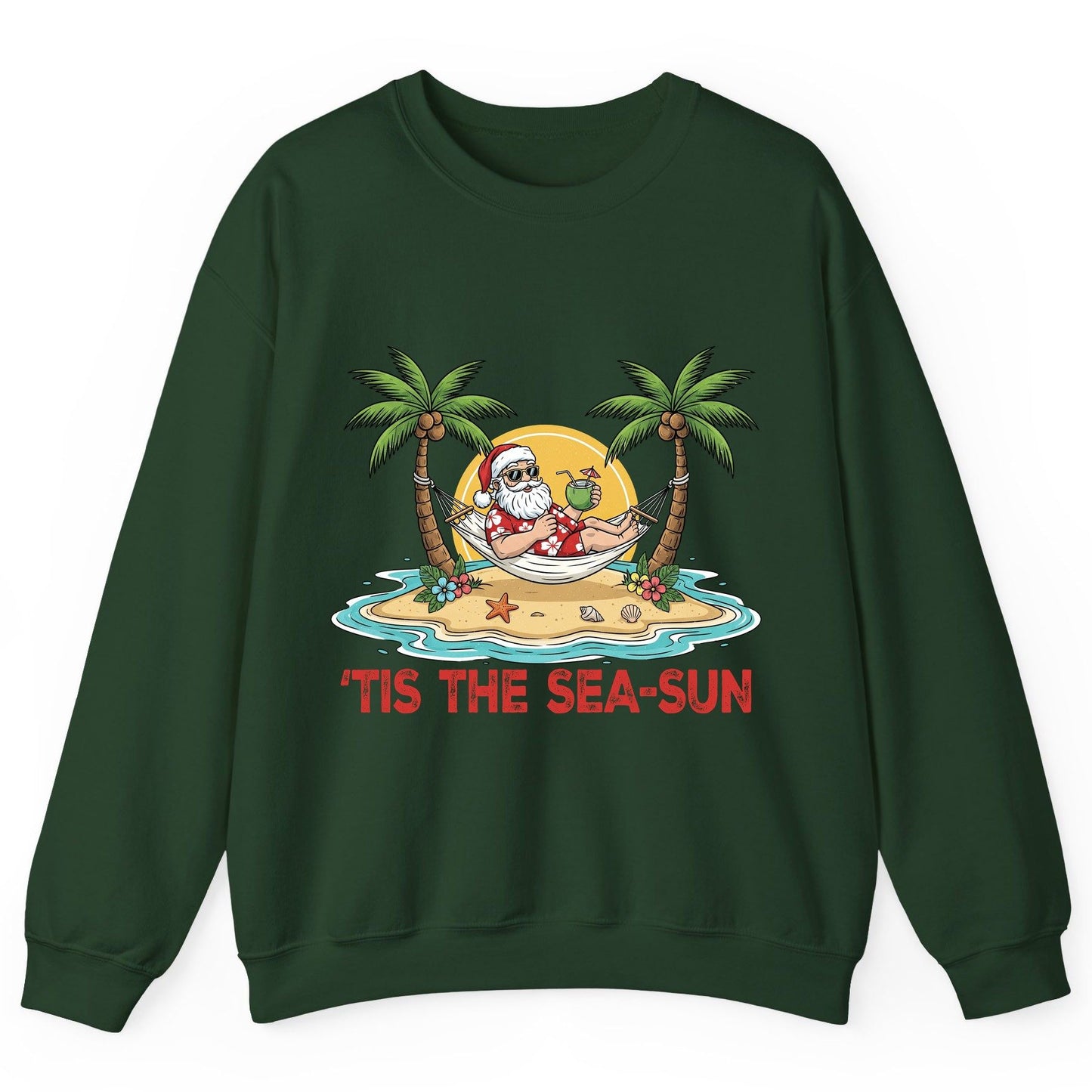 'Tis the Sea-Sun santa claus on a tropical vacation Sweatshirt Forest Green product mockup