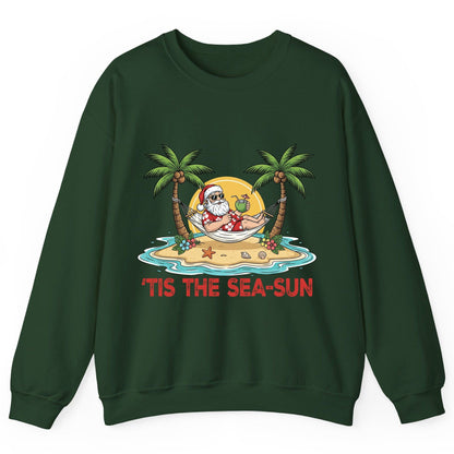 'Tis the Sea-Sun santa claus on a tropical vacation Sweatshirt Forest Green product mockup