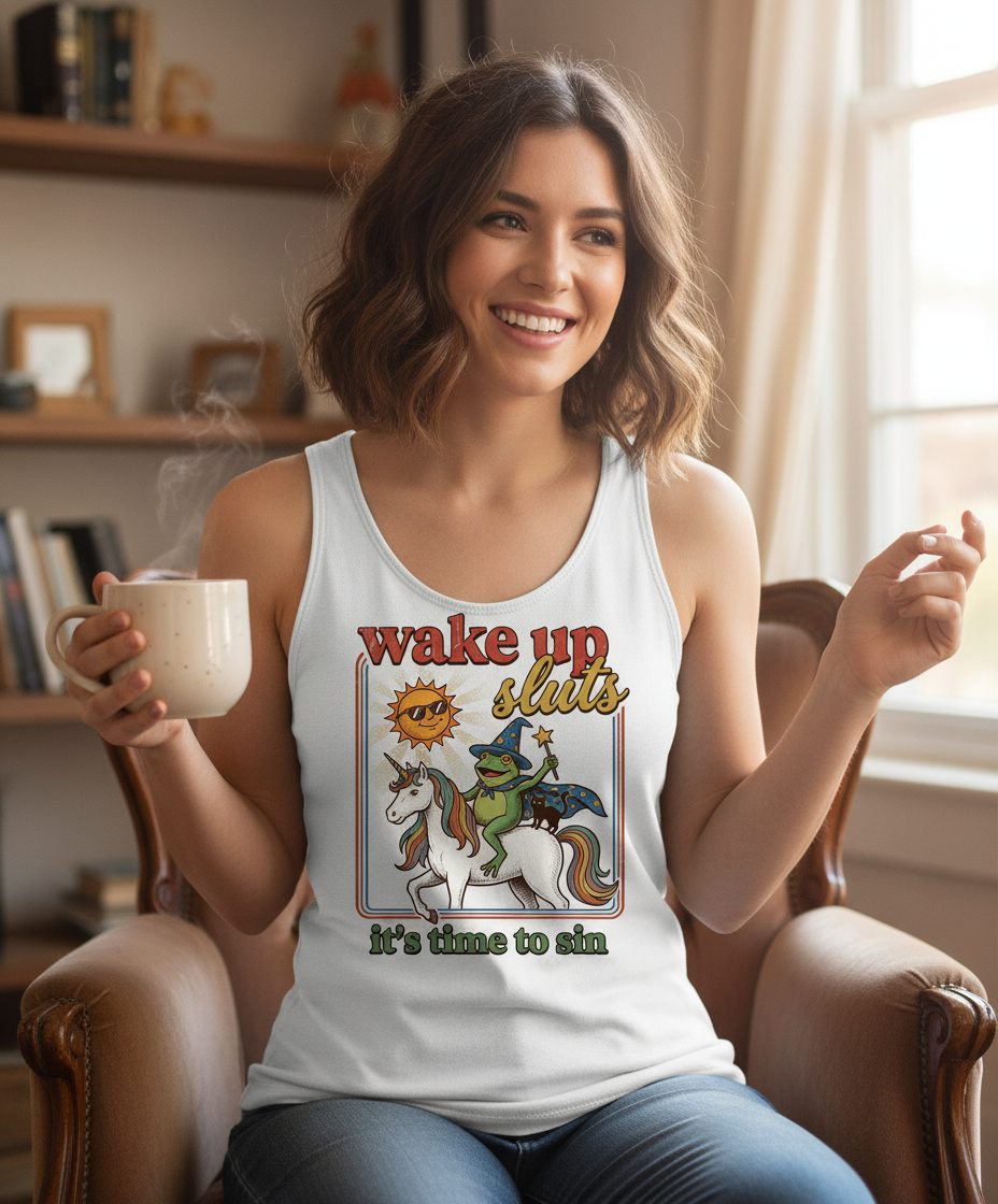 Wake Up Sluts It's Time to Sin Funny Wizard Frog Tank Top - lifestyle model mockup - White