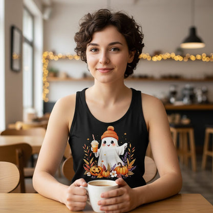 Cute Ghost Pumpkin Spice Latte cute Halloween ghost Tank Top Black lifestyle mockup