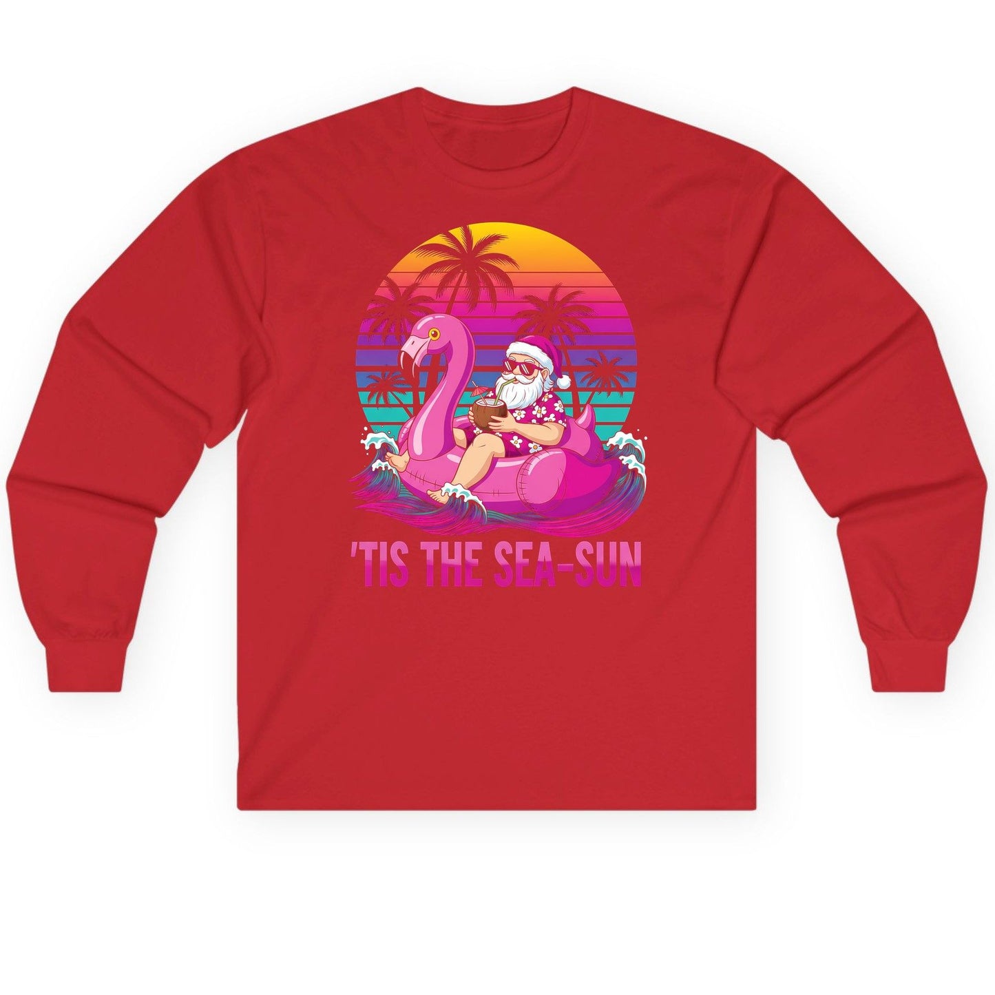 'Tis the Sea-Sun tropical santa claus Long Sleeve Tee Red product mockup