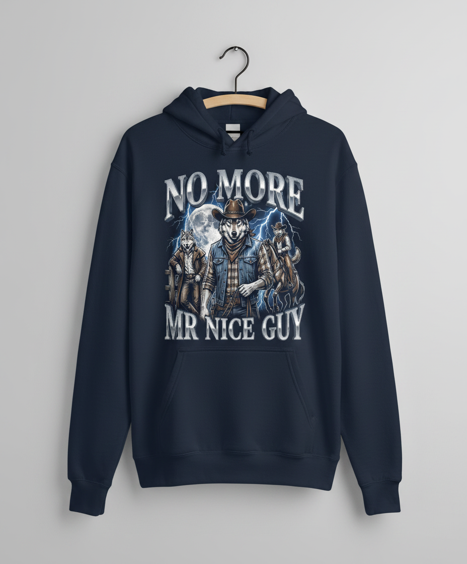 No More Mr Nice Guy Cowboy Wolf Hoodie - product mockup - Navy
