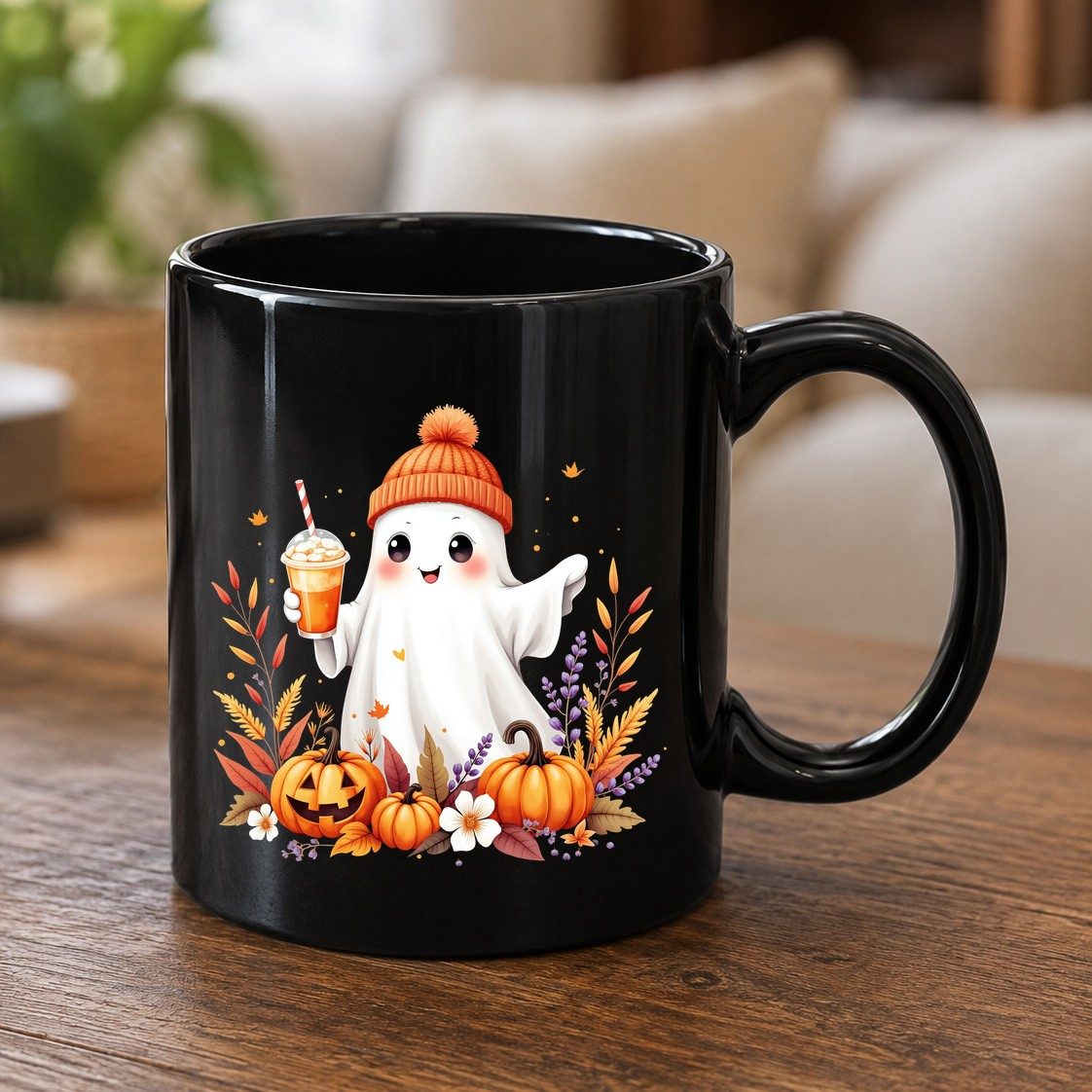 Cute Ghost Pumpkin Spice Latte cute Halloween ghost Black Mug Black product mockup