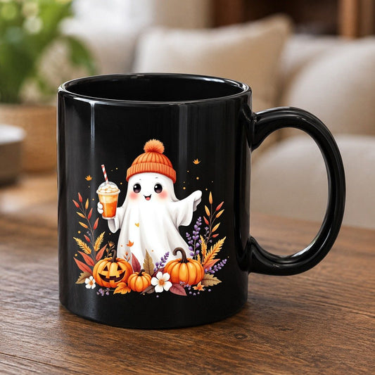 Cute Ghost Pumpkin Spice Latte cute Halloween ghost Black Mug Black product mockup