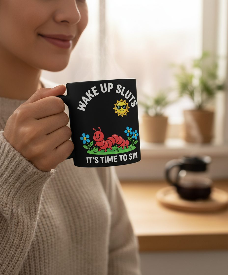 Wake Up Sluts It's Time to Sin Funny Sarcastic Humor Black Mug - lifestyle model mockup - Black
