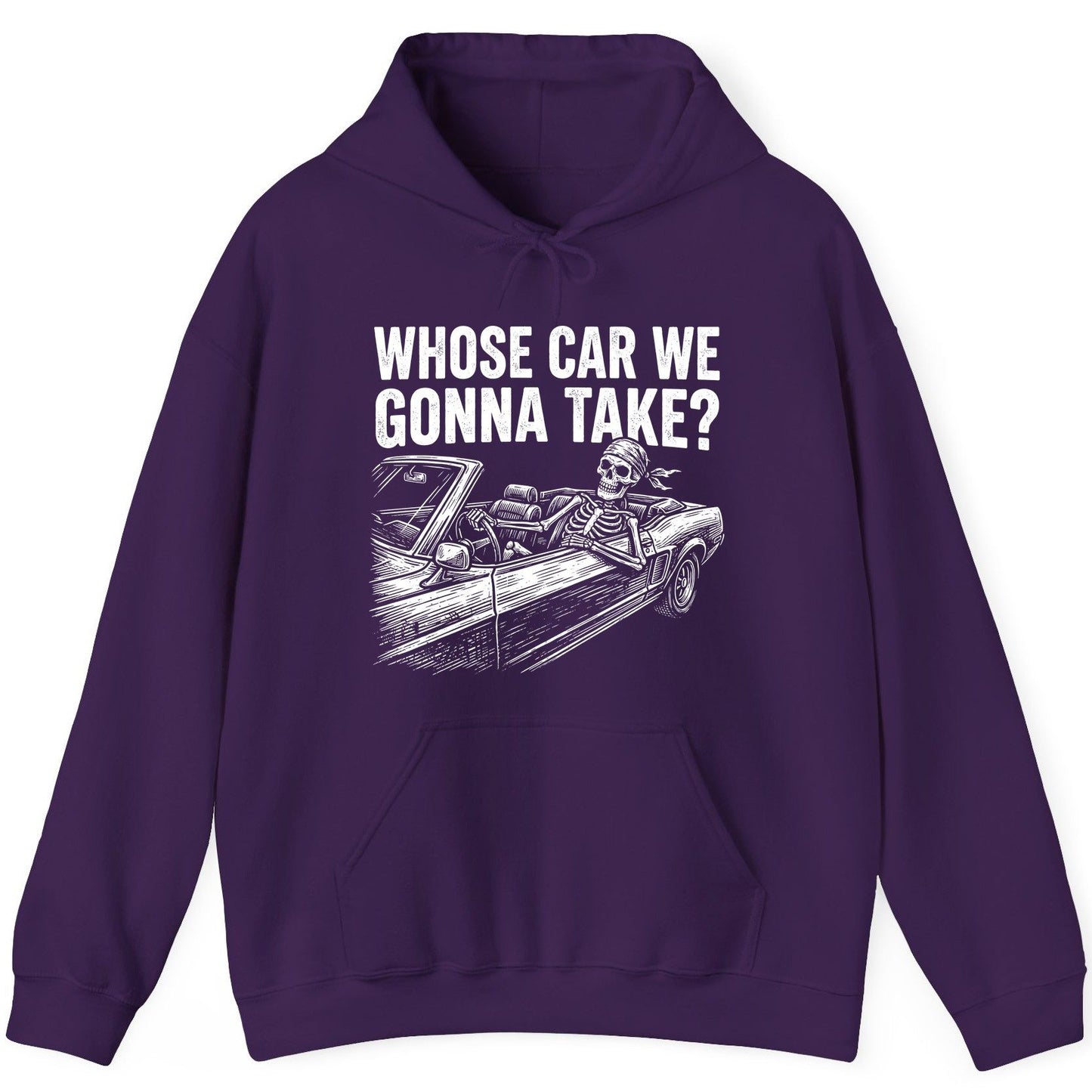 Whose Car We Gonna Take? skeletons in a car Hoodie Purple product mockup
