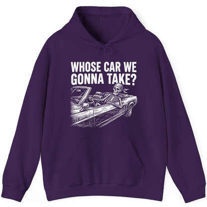 Whose Car We Gonna Take? skeletons in a car Hoodie Purple product mockup