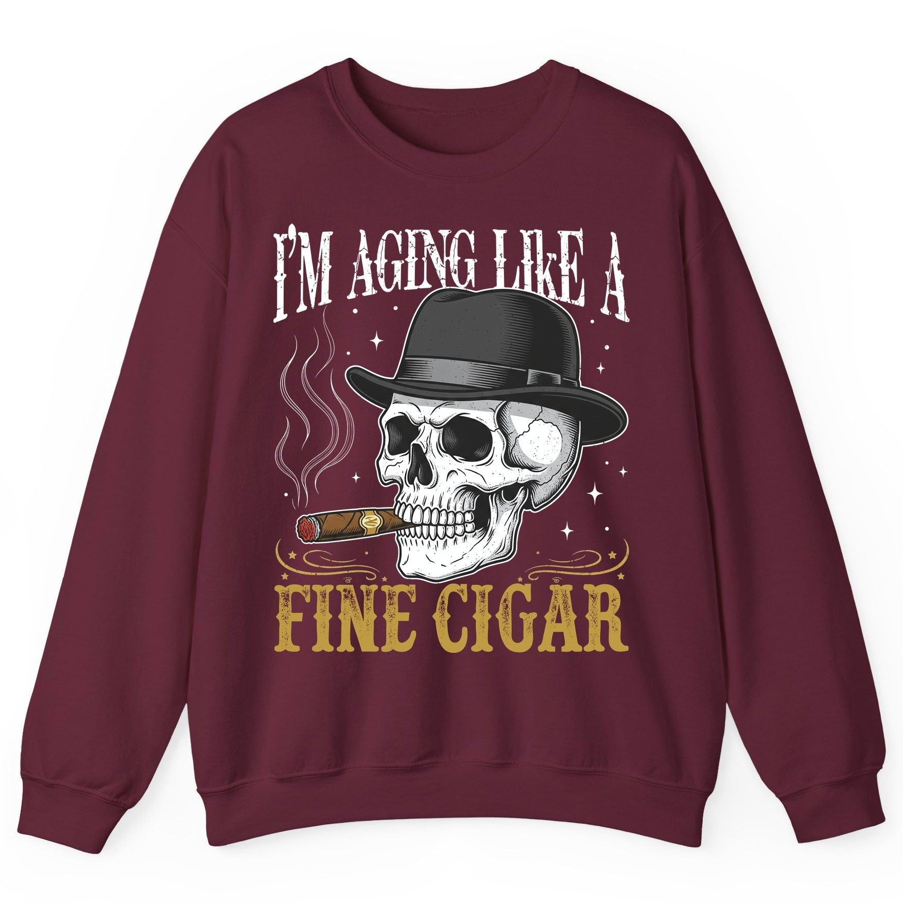 I'm Aging Like a Fine Cigar smoking skull Sweatshirt Maroon product mockup