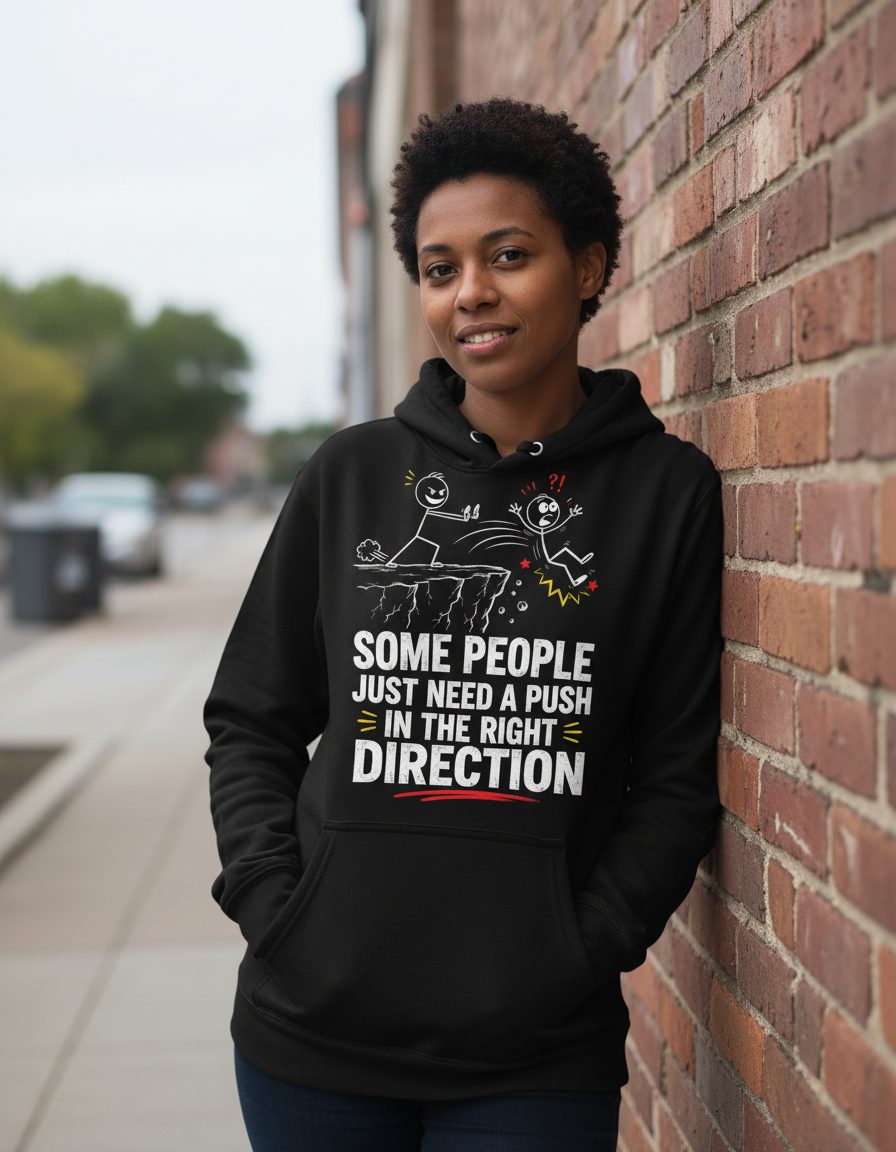 Some People Just Need a Push in the Right Direction Funny Sarcastic Humor Hoodie - lifestyle model mockup - Black
