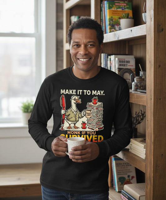 Make It to May Honk If You Survived Long Sleeve Tee - lifestyle model mockup - Black