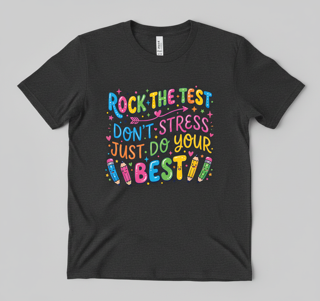 Rock The Test Don't Stress Just Do Your Best Inspirational Quote T-Shirt - Dark Heather