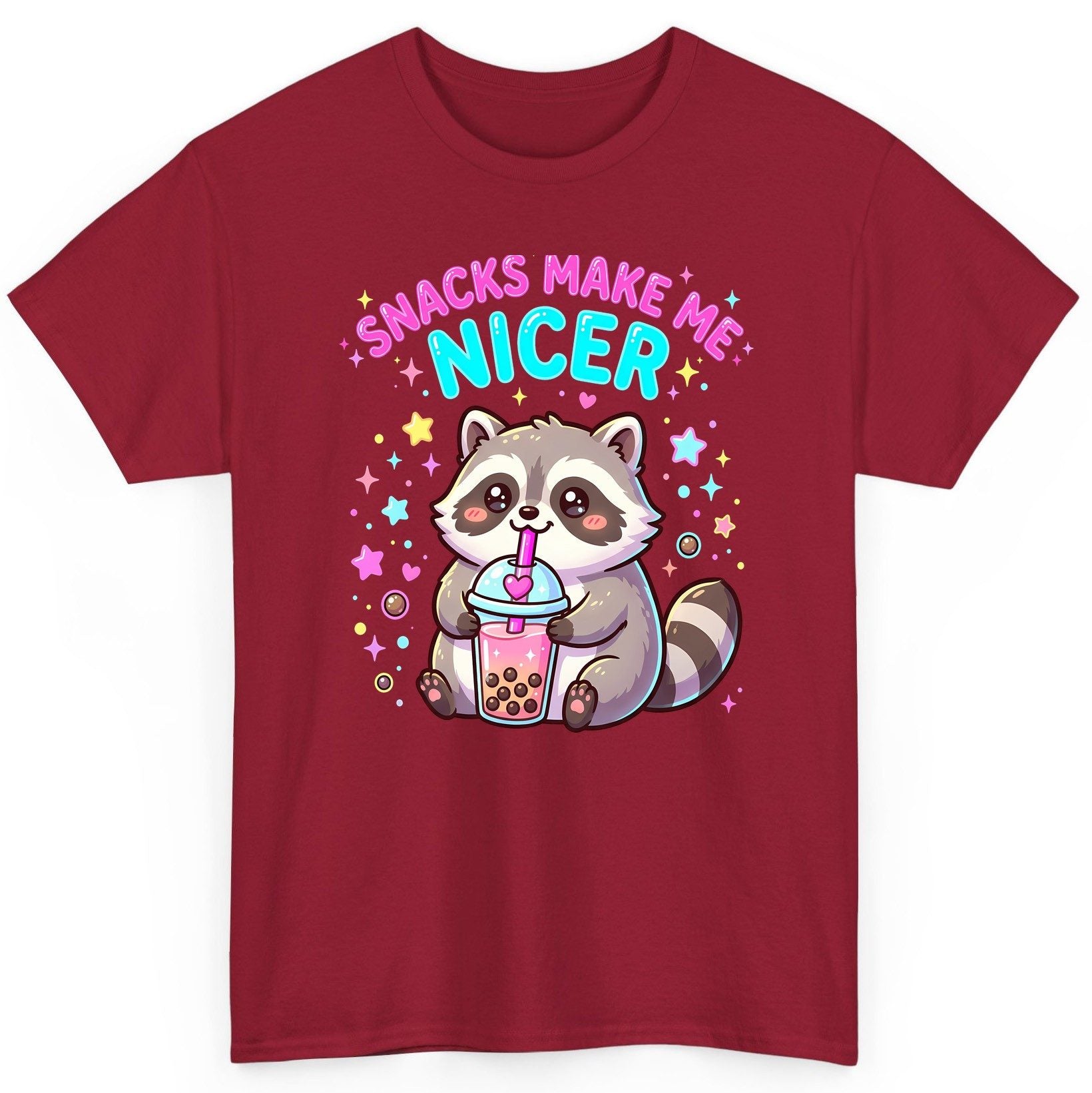 SNACKS MAKE ME NICER Funny Raccoon T-Shirt - product mockup - Cardinal Red