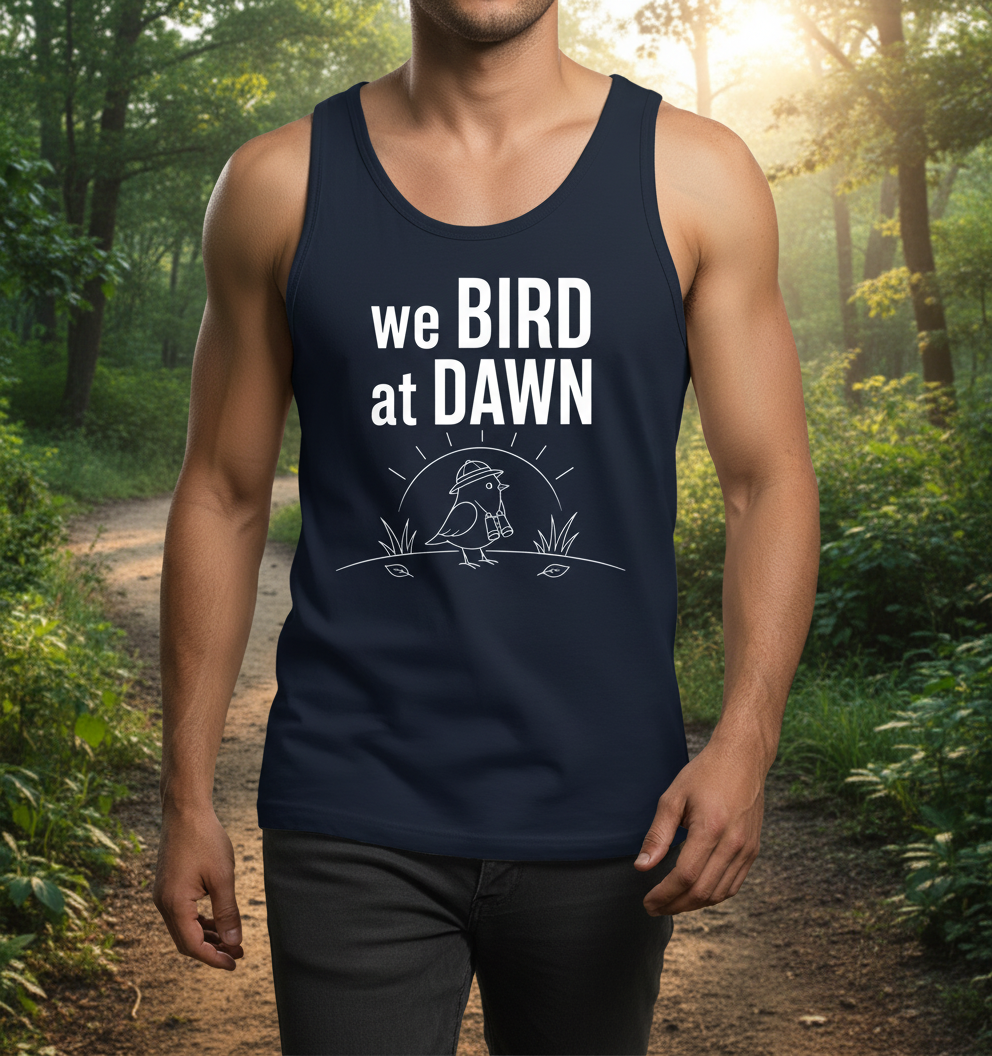 Funny We Bird at Dawn Birdwatching Tank Top - product mockup - Navy