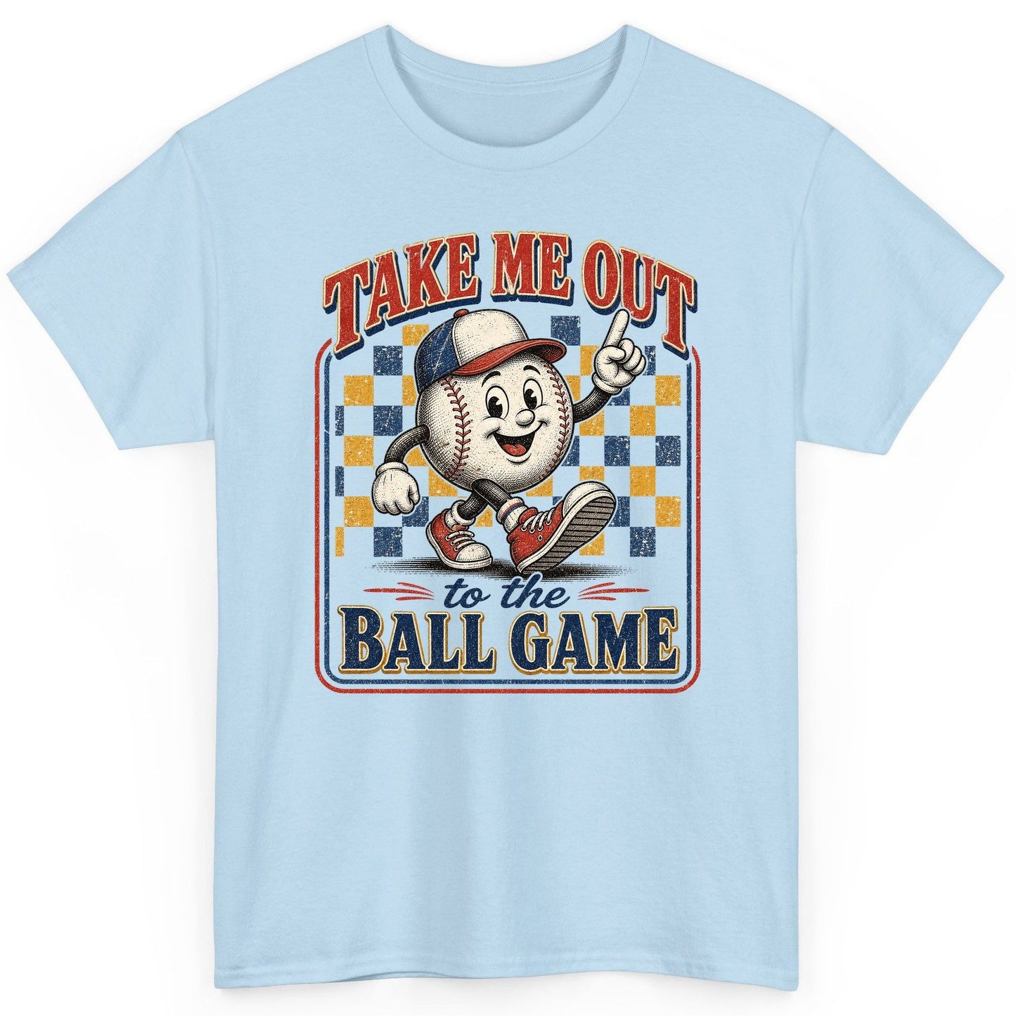 Take Me Out to the Ball Game Retro Baseball T-Shirt - product mockup - Light Blue