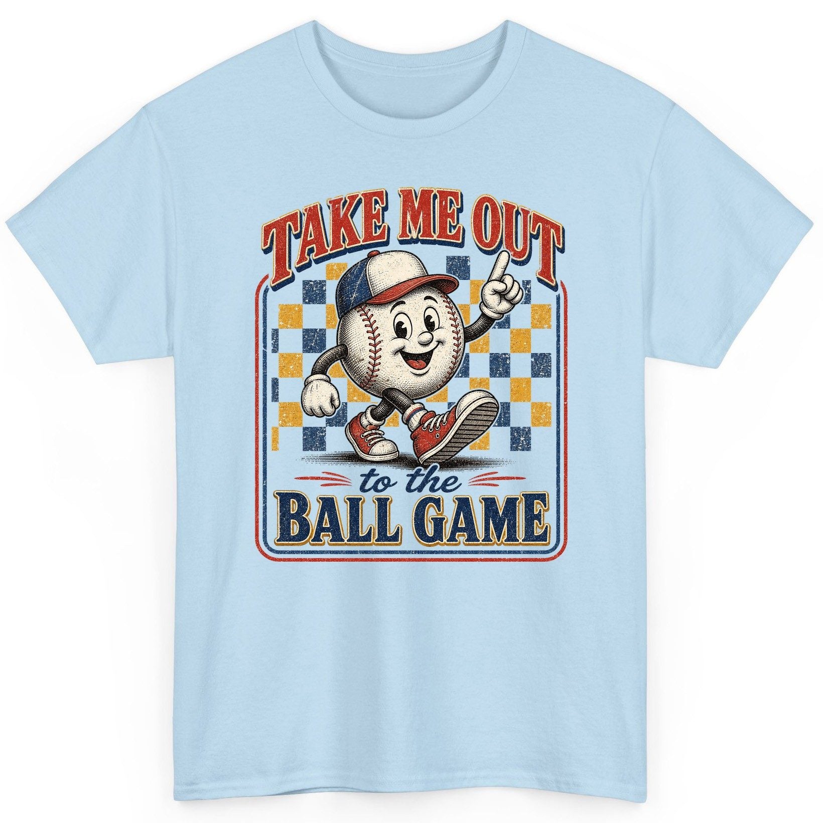 Take Me Out to the Ball Game Retro Baseball T-Shirt - product mockup - Light Blue