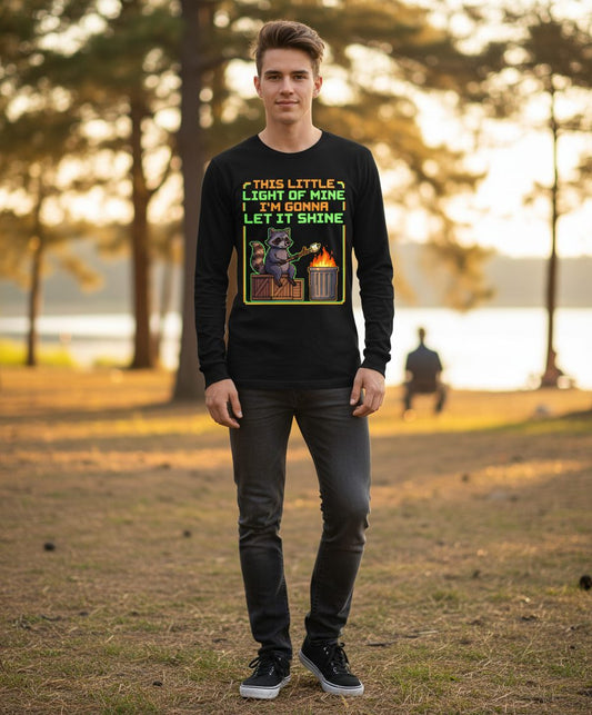 THIS LITTLE LIGHT OF MINE I'M GONNA LET IT SHINE Raccoon Long Sleeve Tee Black lifestyle mockup
