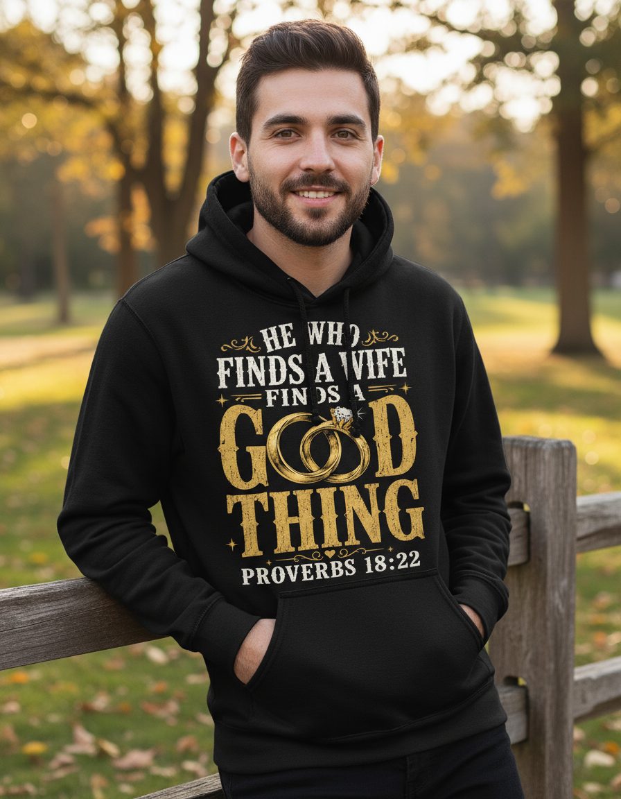 He Who Finds a Wife Finds a Good Thing Proverbs 18 22 Hoodie - lifestyle model mockup - Black