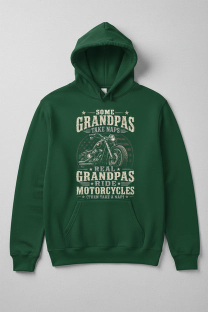 Some Grandpas Take Naps Real Grandpas Ride Motorcycles (then Take a Nap) Funny Detailed Illustration of Classic Motorcycle with Distressed Texture in the Background Is Subtle Weathered American Flag Pattern Stars and Stripes Hoodie - product mockup - Forest Green