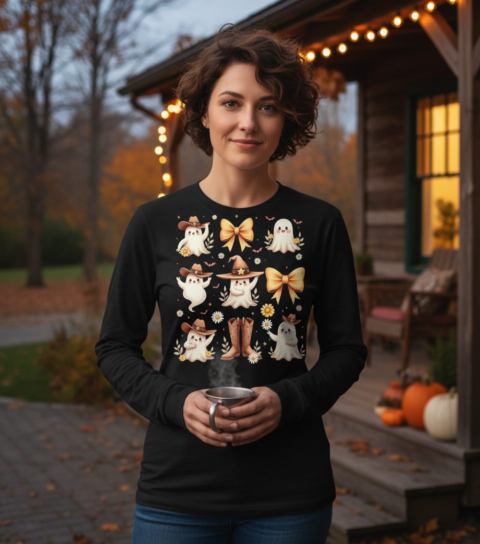 Boo Haw Cute Ghost cute ghost Long Sleeve Tee Black lifestyle mockup